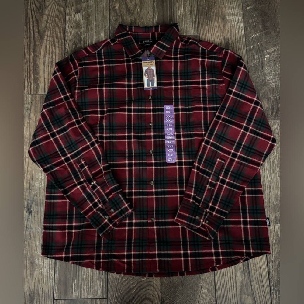 Eddie Bauer NWT Red and Green Plaid Flannel Button Down Shirt, Size XXL